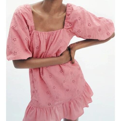 High quality ladies summer pink dress hollow embroidery dress sweet girl party dress