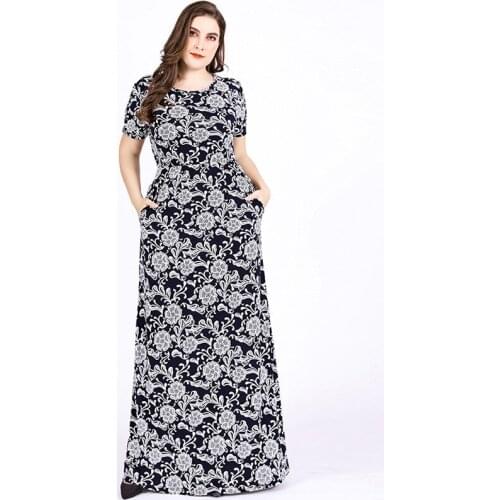 DOIB Plus Size Floral Dress Women O Neck Short Sleeve Bohemia Vintage Large Size Long Dress Maxi Dress 6XL