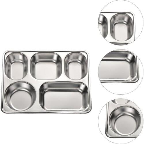 1pc Stainless Steel Divided Plate Rectangular 5 Sections Food Serving Tray