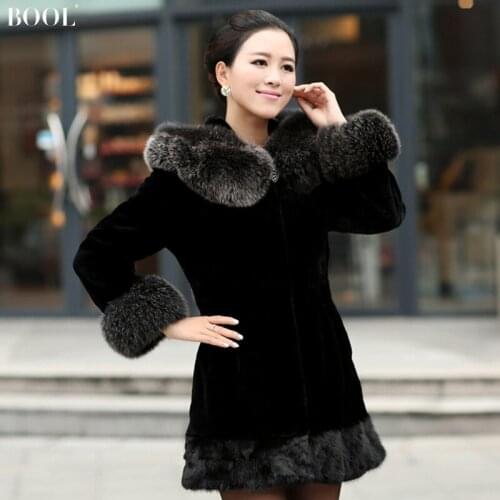 2017 Winter Womens Genuine Natural Real Rex Rabbit Fur Coats Silver Fox Fur Hooded and Sleeve Mink Fur Hem Outerwear 0093