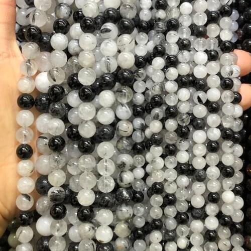 Natural Stone Black Rutilated Quartz Loose Spacer Beads 4 6 8 10 12 MM For Jewelry Making DIY Bracelet Necklace Accessories
