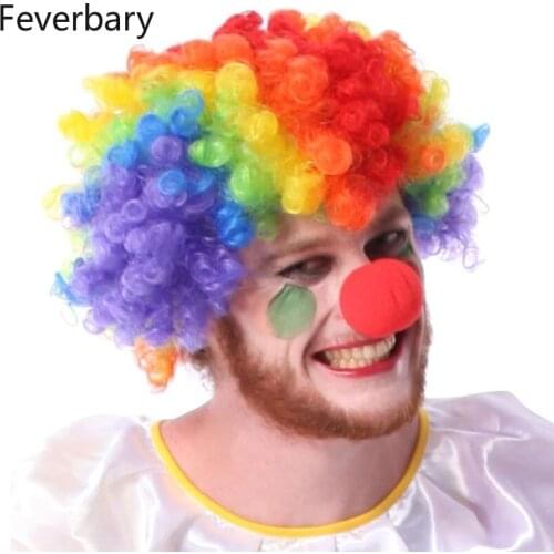 Feverbary Adult Kids Rainbow Colorful Afro Curly Clown Wig Red Foam Nose Cosplay Costume Magic Masquerade Carnival Party