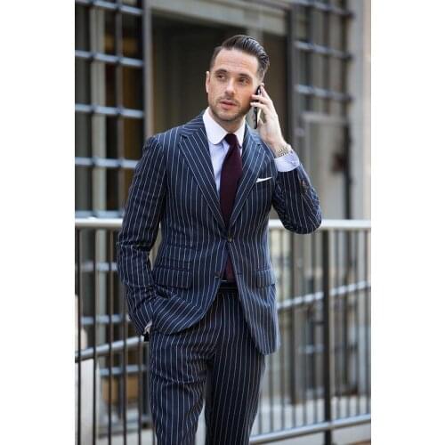 Tailored Navy Blue Stripes Suit Men Groom Wedding Suits Slim Fit 2 Piece Tuxedo Prom Custom Blazer Terno Masuclino Jacket+Pant