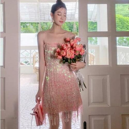 Fashion Pink Sequin Tassel Suspender Women Party Dress Summer Good Quality Luxury Birthday Dresses Vestido Clothing