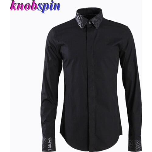 Leopard collar Mens Long sleeve Slim Shirt Brand Quality 80% Cotton Business male dress shirts Black White Casual Camisas M-4XL