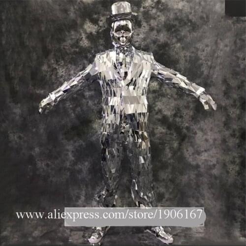 Men Silver Color Catwalk Show Stage Wear Ballrooom Costume Mirror Clothing Party Christmas Performance DJ Singer Clothes Suit