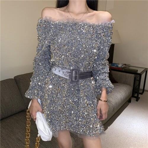 New Shiny Sequined Night Club Vestidos Women Spring Autumn Korean Silver Party Off Shoulder Long Sleeved Sexy Dress with Belt