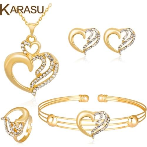Hollow Love Heart Good-color Rhinestones Necklace Sets Earrings Ring Bracelet for Women Jewelry Sets Party Decorations
