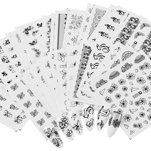 40pcs/lot Nails Water Transfer Nail Art Stickers Decals Black Lace Flowers Design DIY Nail Foil Wraps DIY Nail Art Decoration