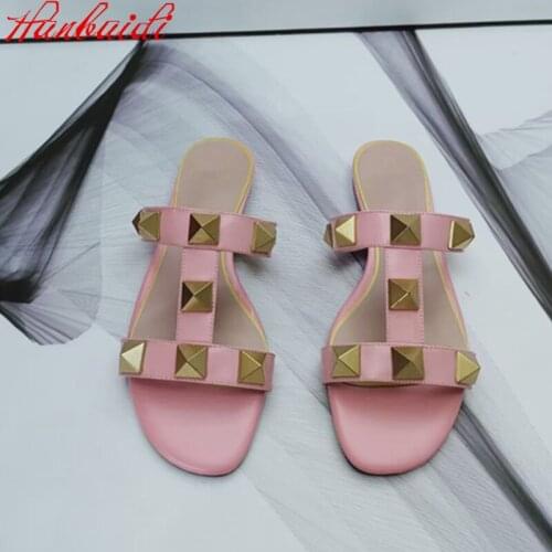 Women Summer Slippers Fashion Genuine Leather Slip On Women Flats Sandals Luxury Design Rivets Flip Flop Women Outdoor Slippers