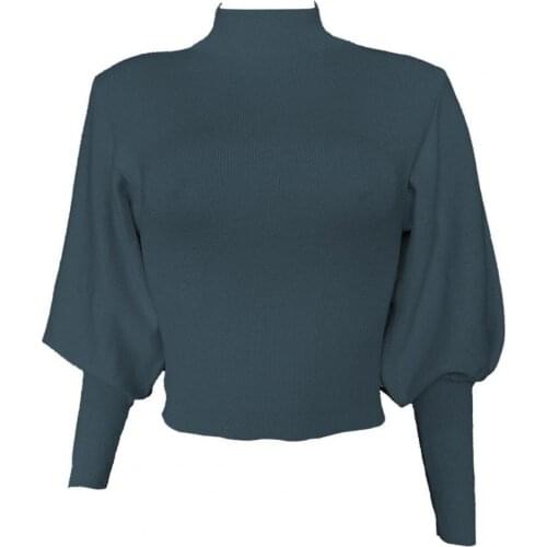 Warm womens sweaters Autumn Women Solid Color Sweater Turtle Neck Long Puff Sleeve Knitted Pullover