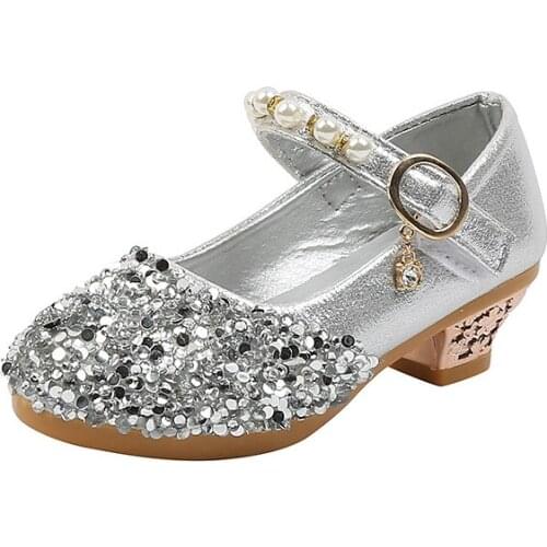 Princess Kids Leather Shoes Girls Casual Crystal Glitter Shoes Children High Heel Dress Model Catwalk Show Pearl Student Shoes