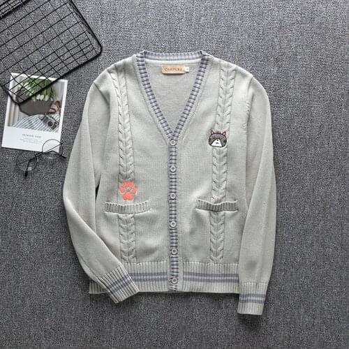 Women Jk School Uniform Sweater Coat For Girls Long-sleeved Outerwear Lovely Cat Embroidery Costumes Knitting Cardigan Blue Gray