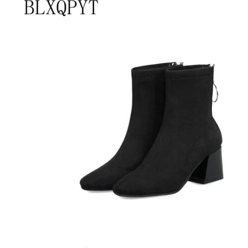 BLXQPYT Women Boots Autumn High Heels Ankle Boots Square Toe Martin Boots Zip Winter Wedding Shoes Big Small Size 32 - 48 H9