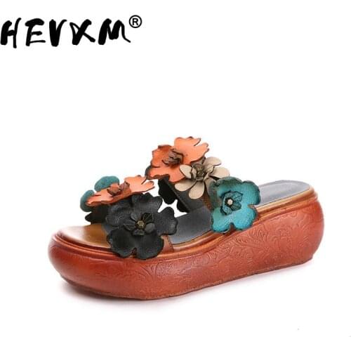 2021 Female Flower Slippers Genuine Leather Shoes Original Handmade Slides Flip Flop On Thick Platform Women Vintage Slippers