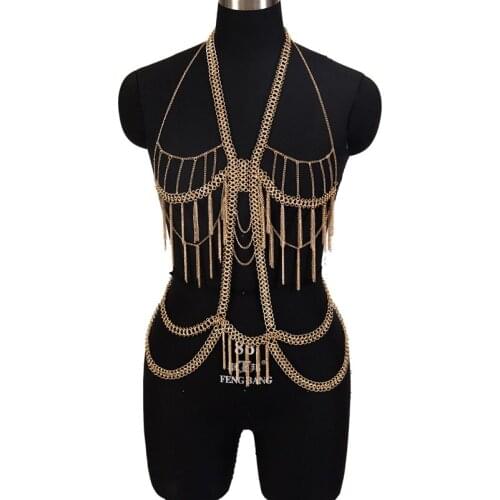 Boho Sexy Body Harness Lingerie Women Goth Luxurious Metal Tassel Chain Hanging Neck Hollow Sling ​Punk Jewelry Club Rave Fetish