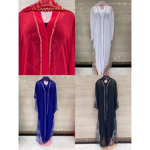 Latest Muslim Kaftan Abaya Dress Kimono Women Dubai Open Turkish Stones Chiffon Scarf And Inside Dress Elegant African Plus Size