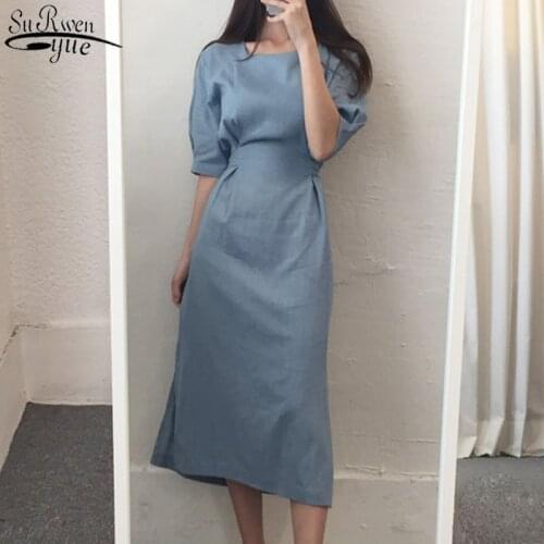 2021 New Solid Chic Leisure Long Dresses Elegant Office Lady Cotton Linen Vintage Blue Dress Women Chic Loose Casual Dress 10268