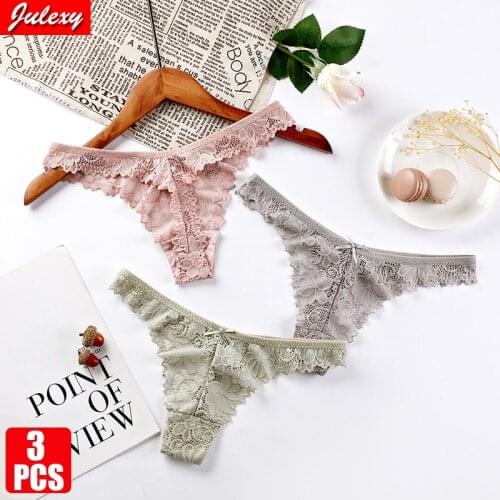 3Pcs/Lot Sexy Lace Thong Low Waist Lace Transparent Panties Women Hollow out Breathable G String Briefs Bow Underwear Lingerie