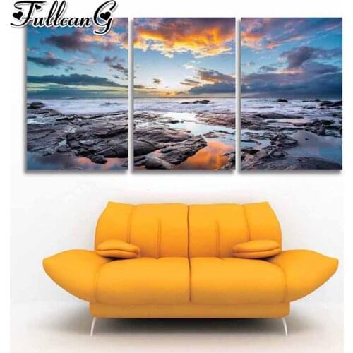 FULLCANG 5d diy diamond embroidery beach scenery diamond painting triptych full square round drill 3pcs/set needlework FC2927