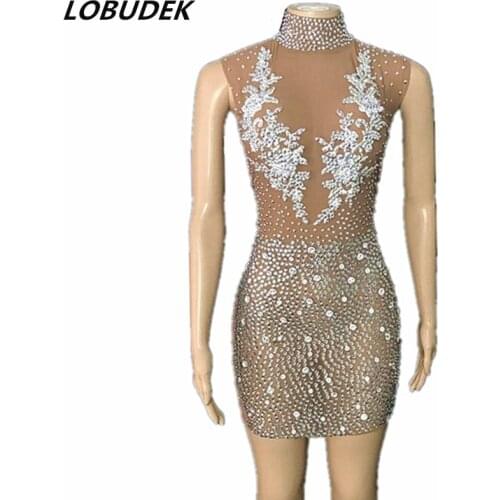 Bling Silver Rhinestones Transparent Dress Sleeveless Mesh Crystals Bodycon Outfit Women Birthday Prom Evening Party Stage Wear