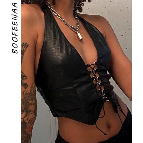 BOOFEENAA Black PU Leather Sexy Corset Top Party Club Wear Laced Halter Backless V Neck Crop Tank Tops for Women C83-CZ10