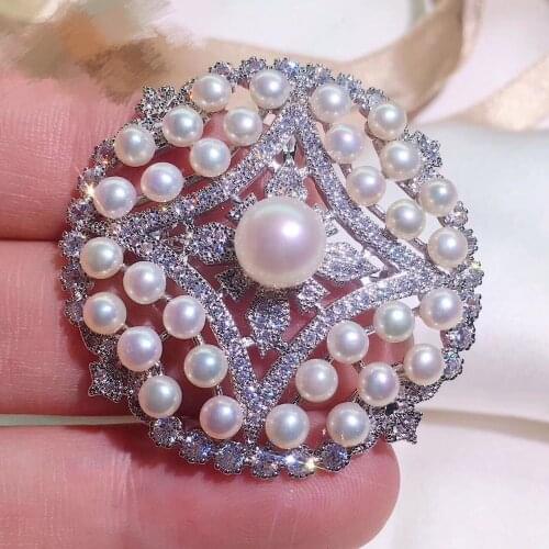 Natural fresh water pearl brooch pins and pendant double use stainless steel with cubic zircon fashion women jewelry