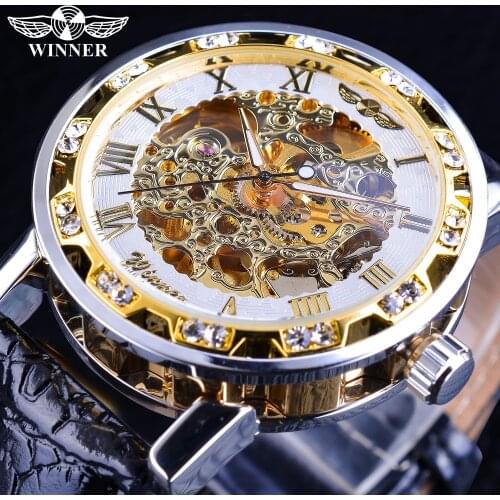 Winner New Mechanical Watches Diamond Retro Flower Design White Gold Display Mens Skeleton Wristwatches Top Brand Luxury Clock