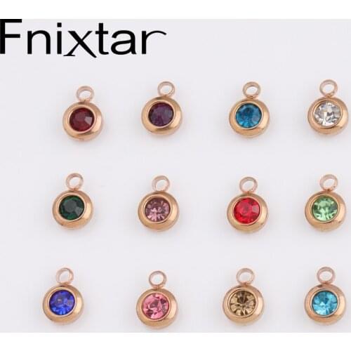 Fnixtar Rose Gold Color Crystal Birthstone Charms Stainless Steel Round Rhinestones Charms 6.5mm 60piece/lot