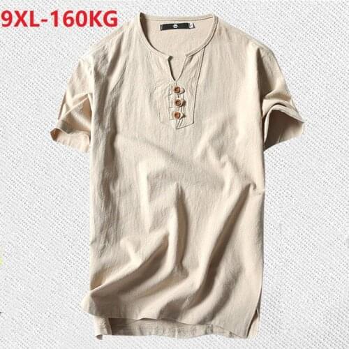 Summer Mens T Shirts Plus Size 7XL 8XL 9XL large Oversize T-Shirt Linen Short Sleeve Tees man T-shirt Big Size khaki blue tops