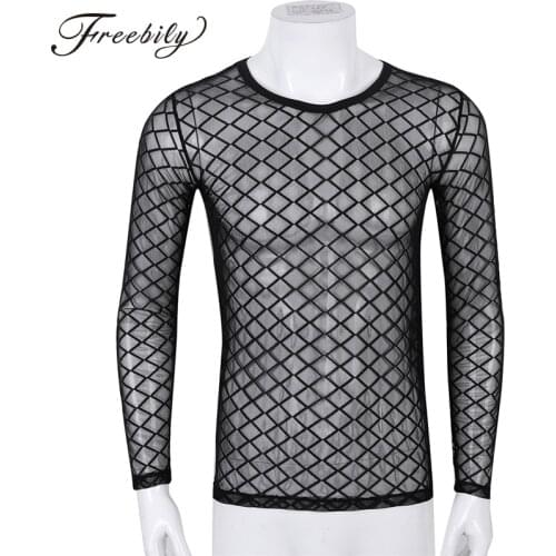 Mens T-shirts 2019 Transparent Mesh Long Sleeve T Shirt Men Sexy See Through Tops Gay Wear Exotic Male Tshirt Undershirt Tees