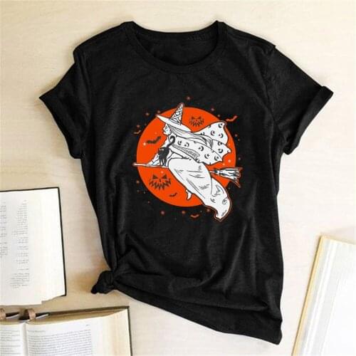Witch Cat Bats Printing Halloween T-shirts Women Summer Graphic Tees Streetwear Shirts for Women Fashion O Neck Clothes Female