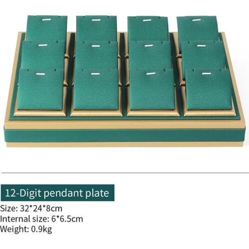 Exquisite Gold Edge Green Solid Wood Microfiber 12 Grids Pendent Jewelry Display Trays For Femal Ring Earring Bracelet Showcase