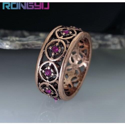 New Hot Vintage Nordic Style Inlaid Rhododendron Ring Ancient Gold Make Old Hollow Carved Bridal Ring Party Jewelry Anniversary