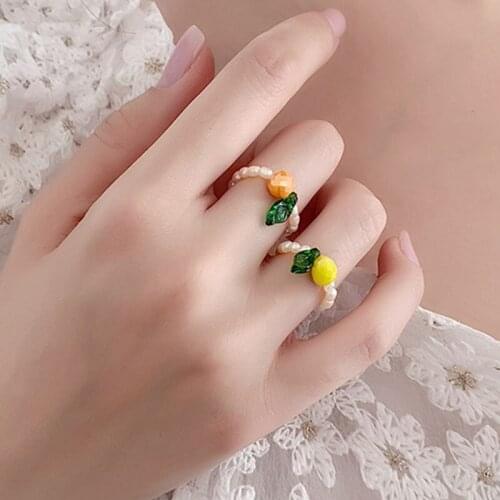 Freshwater Pearl Ring Elasticity Adjustable Summer Small Fresh Green Leaf Crystal Pearl Beaded Rings for Women Birthday Jewelry