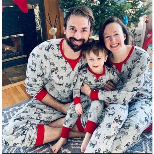Family Matching Pajamas Set Adult Kids Long Sleeve O-Neck Animal Print Tops Pants Christmas Sleepwear Homewear Outfits