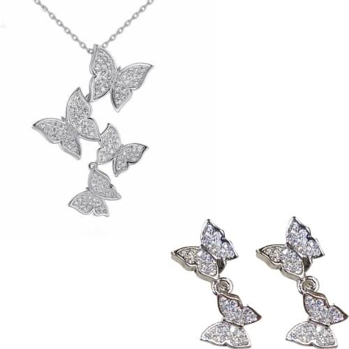 Hot Trendy 925 sterling silver Cubic Zirconia Butterfly Necklace Earrings Set for Women Rhinestone Wedding Bridal Jewelry Set