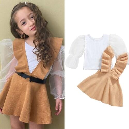 Fashion Girls Clothes Autumn Outfit Solid Color Mesh Puff Sleeve Long Sleeve Tops and Knitted Suspender Skirt Two Pieces Suit