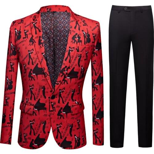 Mens Red Piano Printed Suit Men Slim Fit Suit Set Blazers Singer Costume Casual Night Party Bar Suit