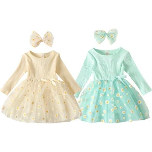 2020 Autumn Toddler Baby Girls Clothes Sweet O-Neck Long Sleeves Floral Printed Lace Dress Hairband Outfit 1-6 Years