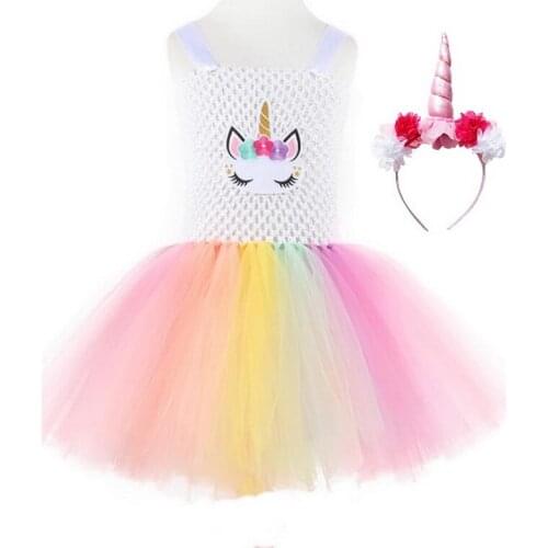 New Rainbow Unicorn Tutu Tulle Dress With Headband Princess Flower Girl Party Dress Kids Halloween Cosplay Costume Vestidos