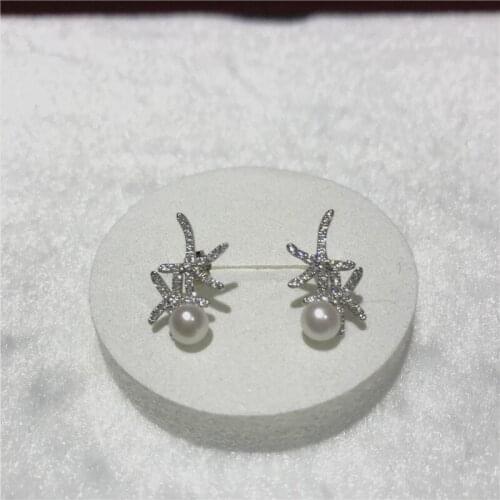 Popular Natural freshwater white pearl AAA 5-6mm Good quality zircon inlay starfish earrings size 18X30MM