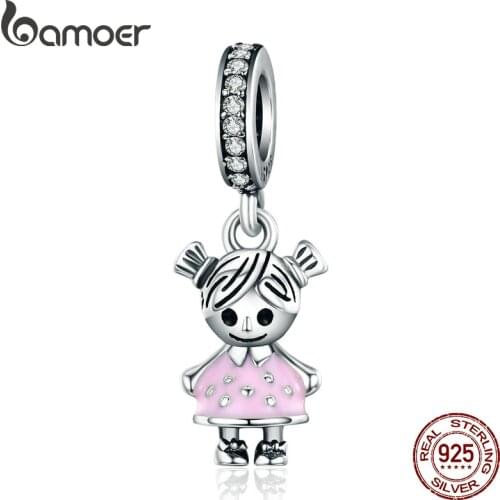 BAMOER Fashion 100% 925 Sterling Silver Couple Little Girl Pendant Charm fit Girls Charm Bracelet & Necklaces DIY Jewelry SCC543