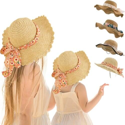 Family Matching Summer Hats Mom And Me Bow Straw Floral For Kids Women Girl Lady Star Sun Bohemia Beach Wear Accessories