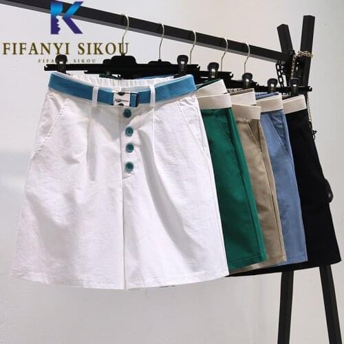 2021 Summer Casual Shorts Women With Belt Button Fashion High Waist Knee Length Shorts Female Korean Loose Wide Leg Short Pants