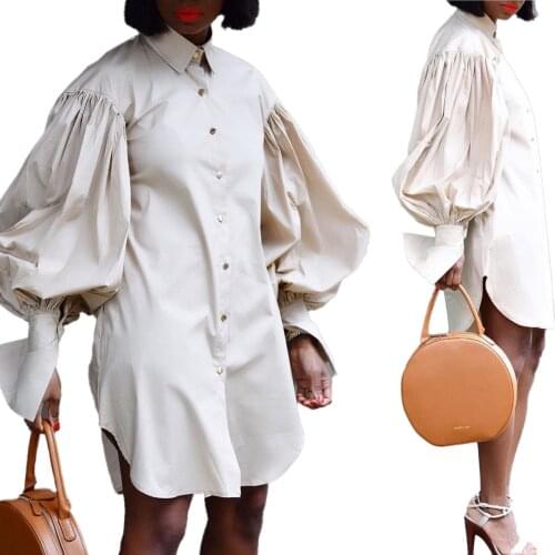 VITIANA Women Shirt Dress Autumn Female Long Puff Sleeve Buttons Mini Dresses Femme Office OL Vestidos Africa Blue Red Clothes