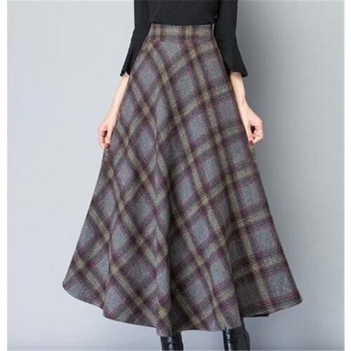 Female Fashion Casual Long Streetwear Mom High Waist Woolen Plaid Skirts 2021 Autumn Winter Womens Plus Size Wool Maxi Skirts