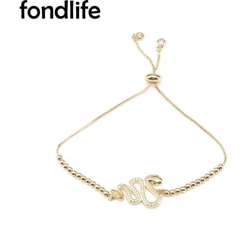 Green&White Cubic Zirconia Stone Gold-plated Brass Snake Charm Bracelet Women Girl Brass Chain Slide Adjustable Jewelry Present