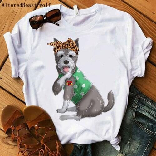 Schnauzer Dog I Love Mom Tshirt Women Harajuku Leopard Print Bandana Fashion T-shirt Short Sleeve O-neck Casual T Shirt Female