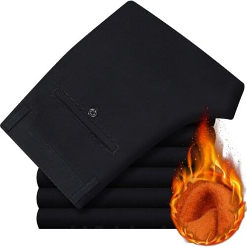 Winter mens casual pants cotton plus velvet suits pants high waist thicken fleece middle-aged male loose straight warm trousers